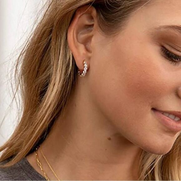 Elegant Gold Hoop CZ Diamond Earrings - Picture 1 of 5
